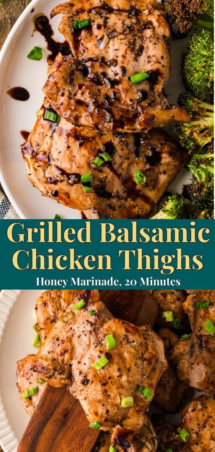 Grilled Balsamic Chicken Thighs with Honey Marinade garnished with green onions and black pepper on white plate with roasted broccoli