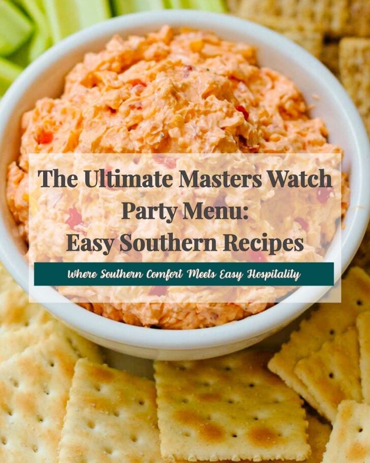 The Ultimate Masters Watch Party Menu: Easy Southern Recipes Pinterest pin showing pimento cheese dip in white bowl with crackers, Pinterest