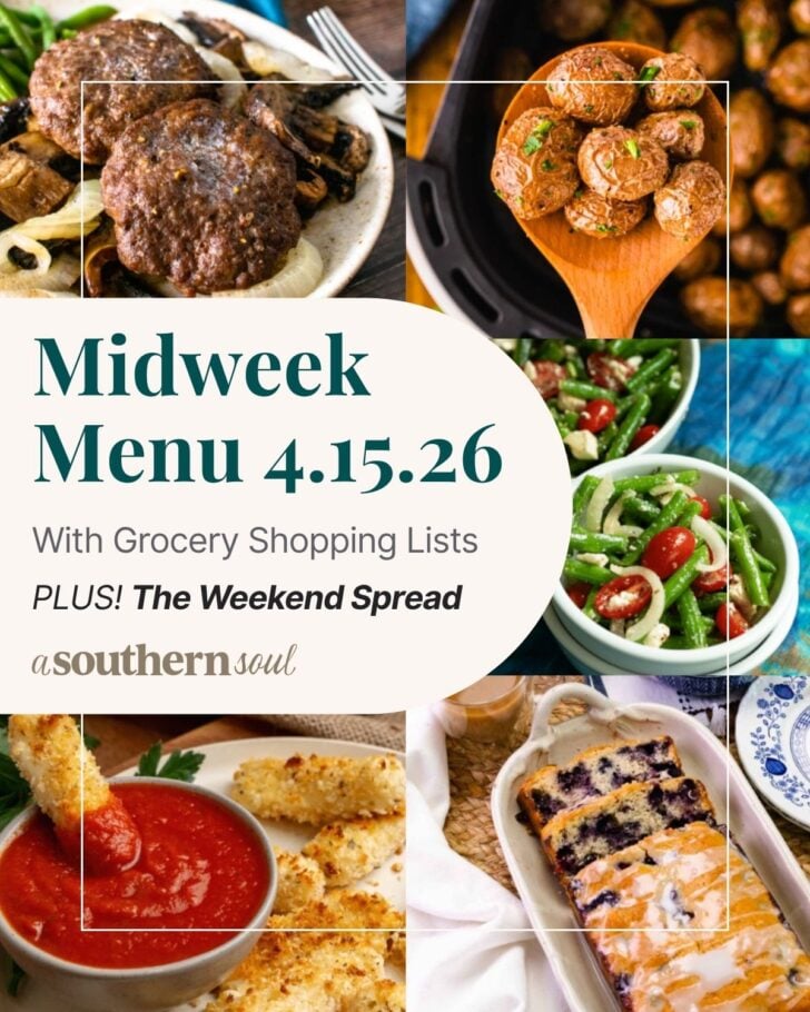 A grid of 5 midweek menu meal plan photos with a text overlay.