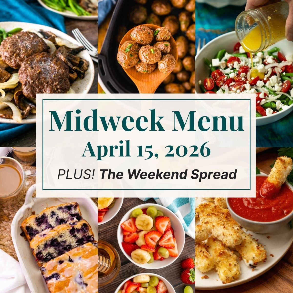 A grid of 6 midweek menu meal plan photos with a text overlay.