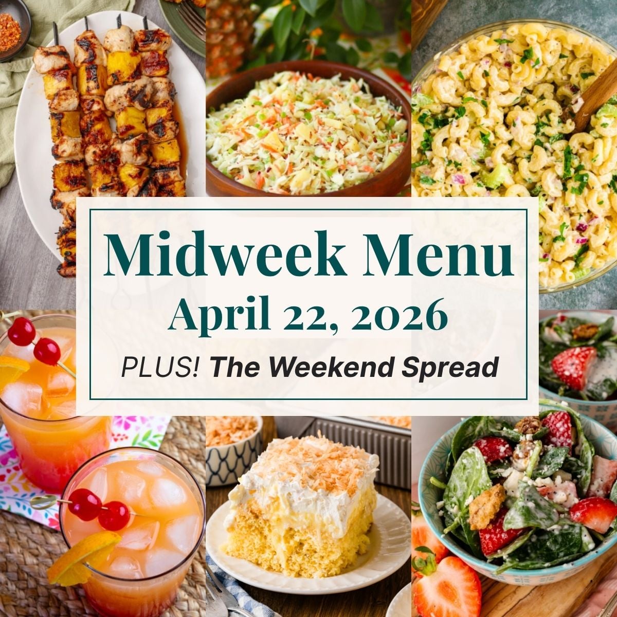 A grid of 6 midweek menu meal plan photos with a text overlay.