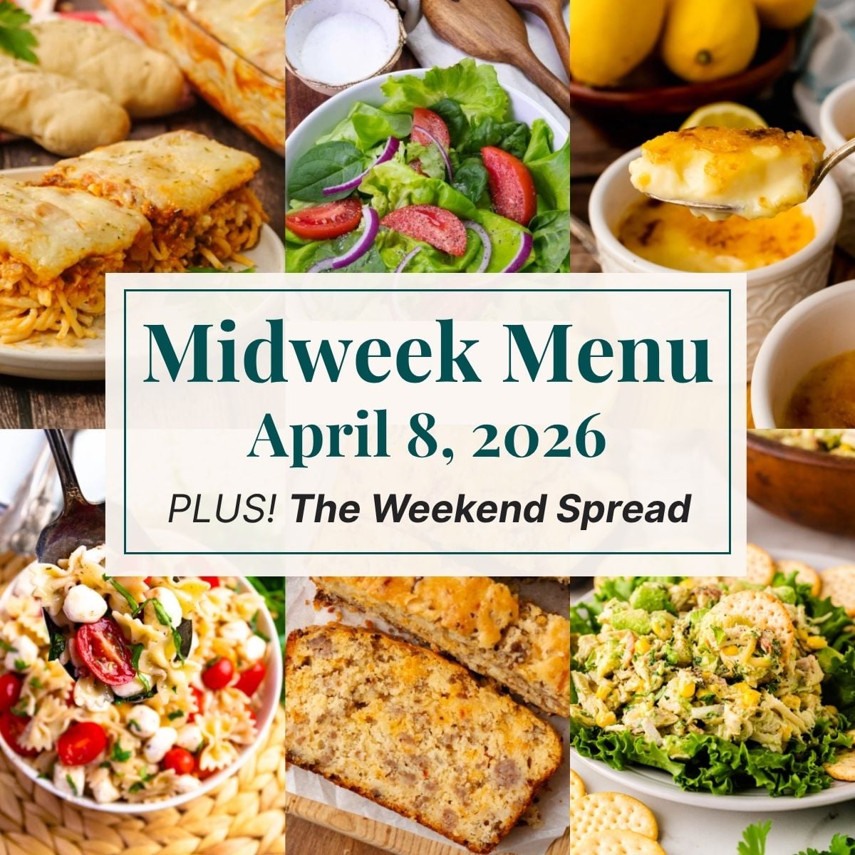 A grid of 6 midweek menu meal plan photos with a text overlay.