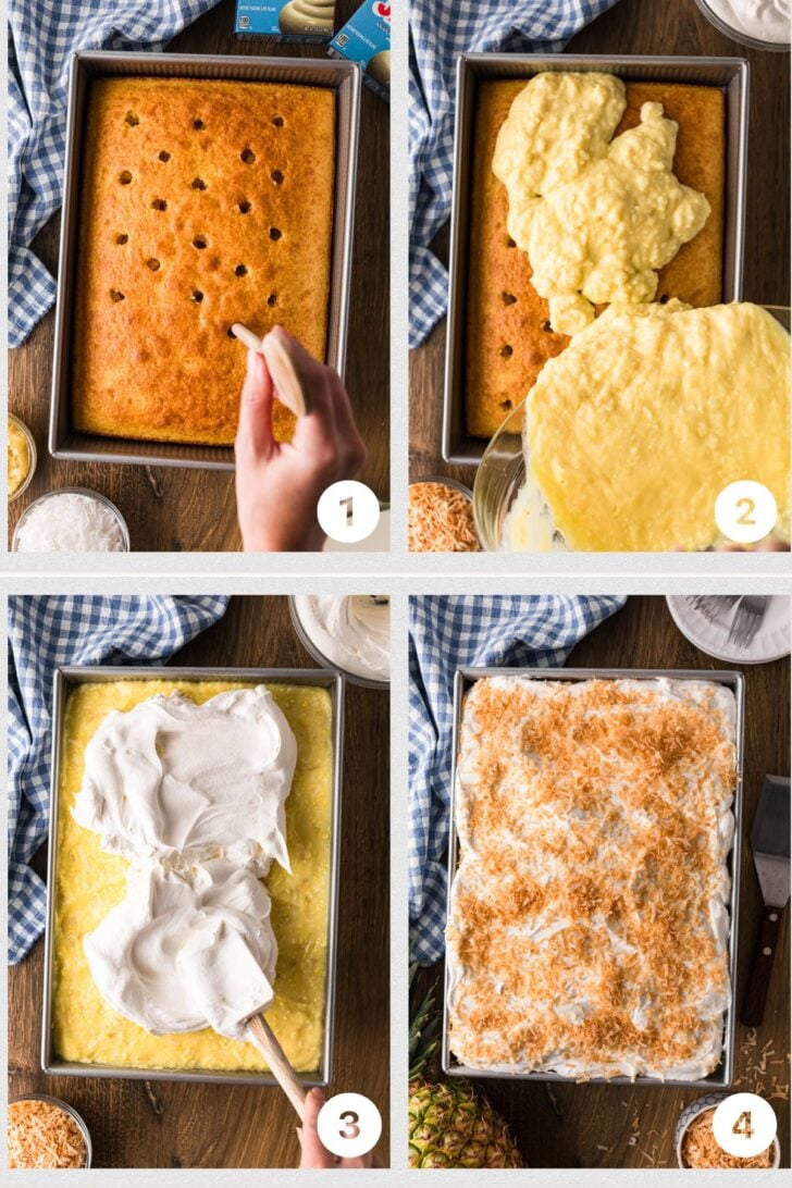 Wooden spoon handle poking deep holes in a warm cake before adding coconut pudding filling.
Next, Coconut pudding mixture poured over a warm poke cake in a 13x9 pan ready to refrigerate.