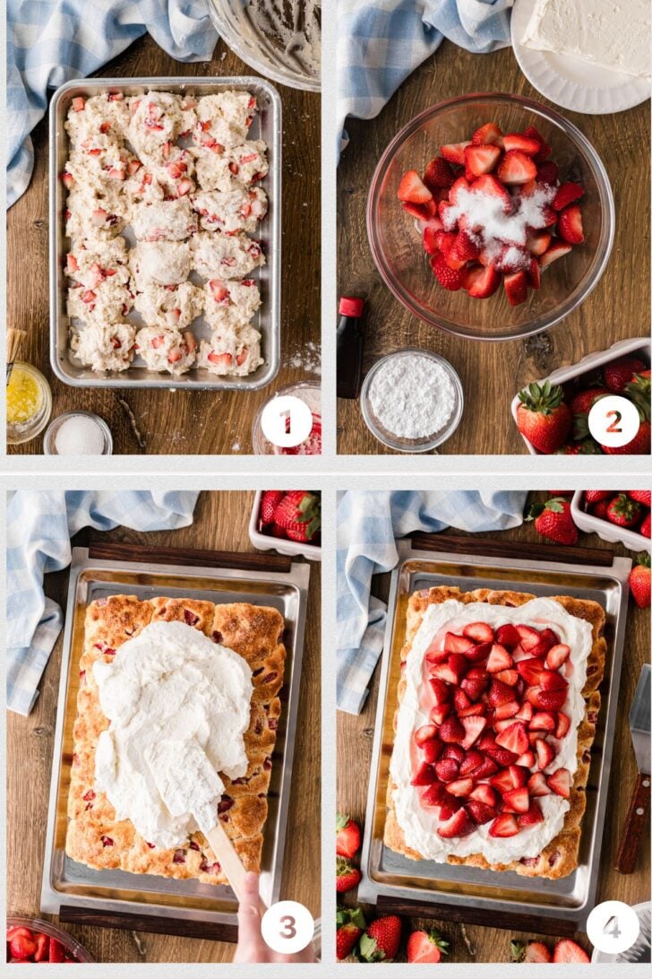 Step-by-step photos for Strawberry Shortcake Sheet Cake showing batter in pan, strawberries with sugar, whipped cream spread, and finished c