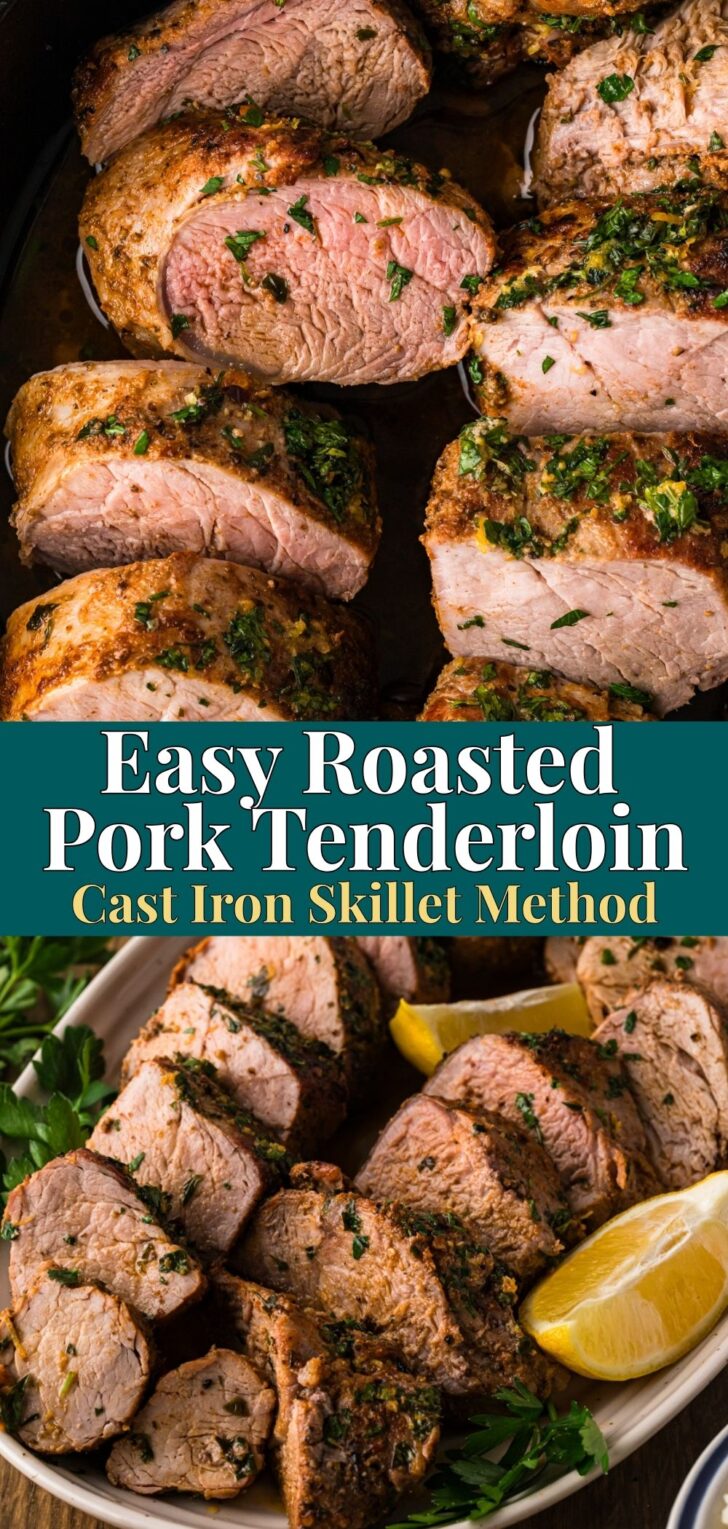 Easy Roasted Pork Tenderloin Pinterest pin with sliced pork and lemon garnish.