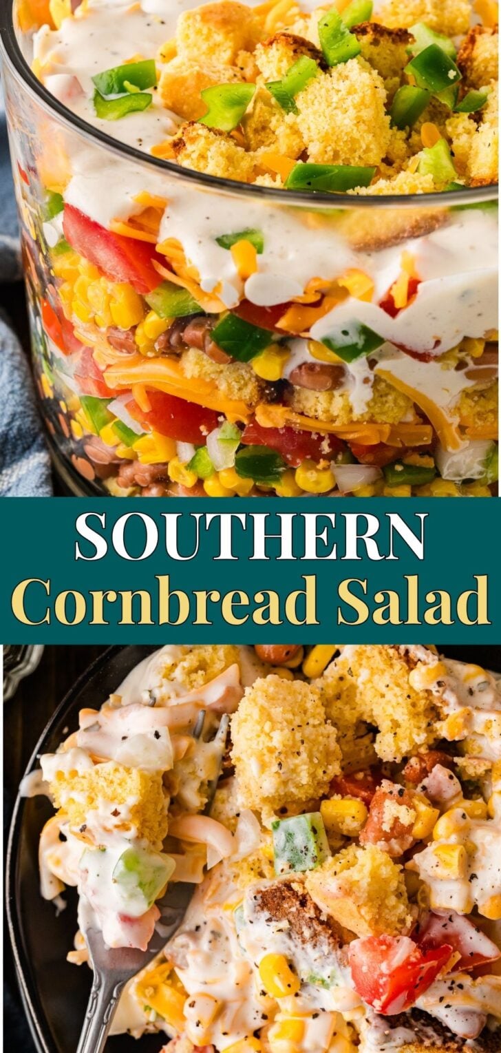 Southern Cornbread Salad layered in clear glass bowl with crumbled cornbread, vegetables, bacon, and creamy dressing, Pinterest pin.