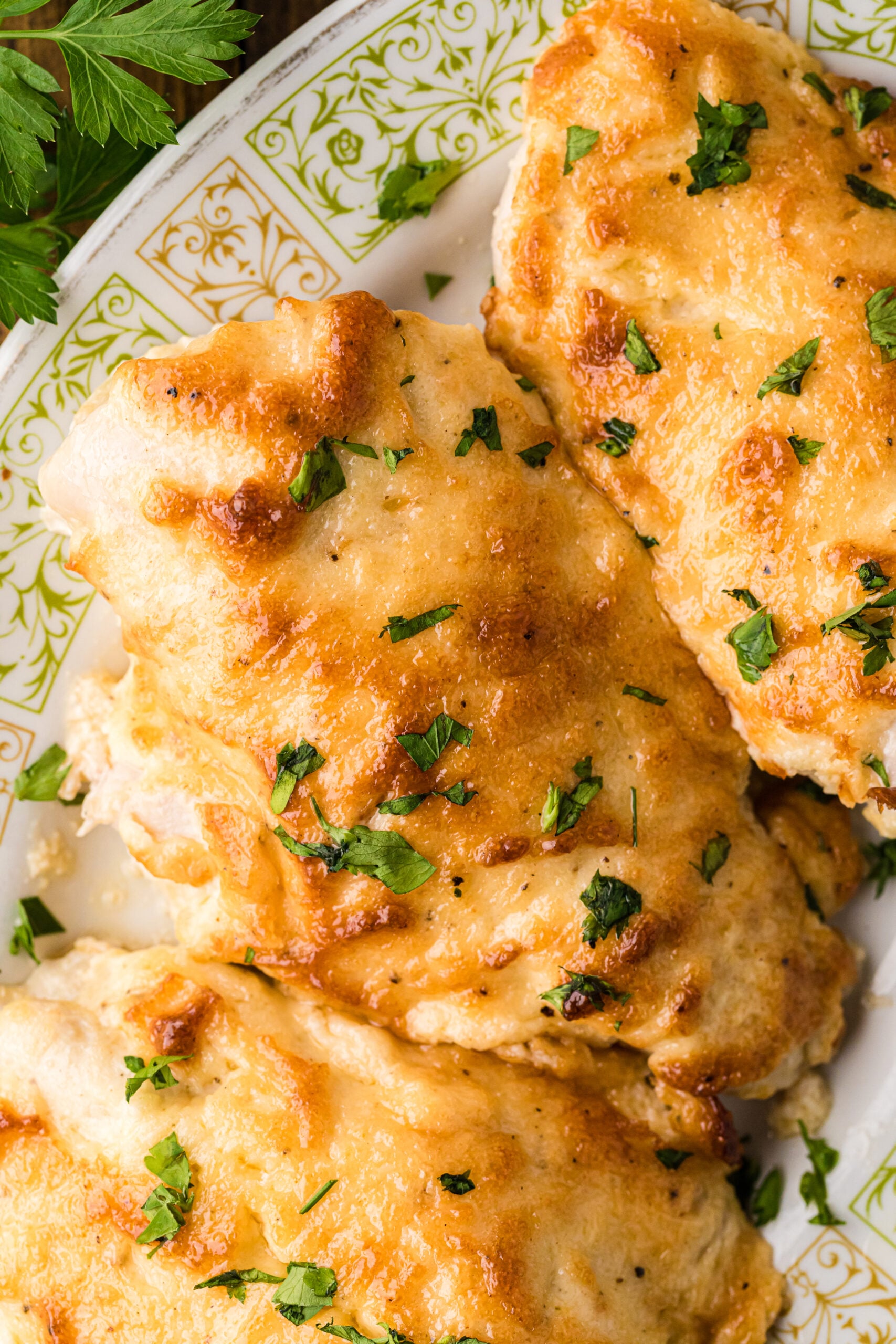 Melt in your mouth chicken breasts garnished with parsley on a decorative plate.