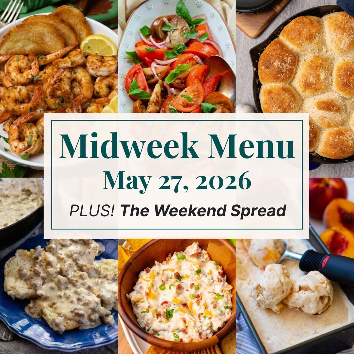 A grid of 6 midweek menu meal plan photos with a text overlay.