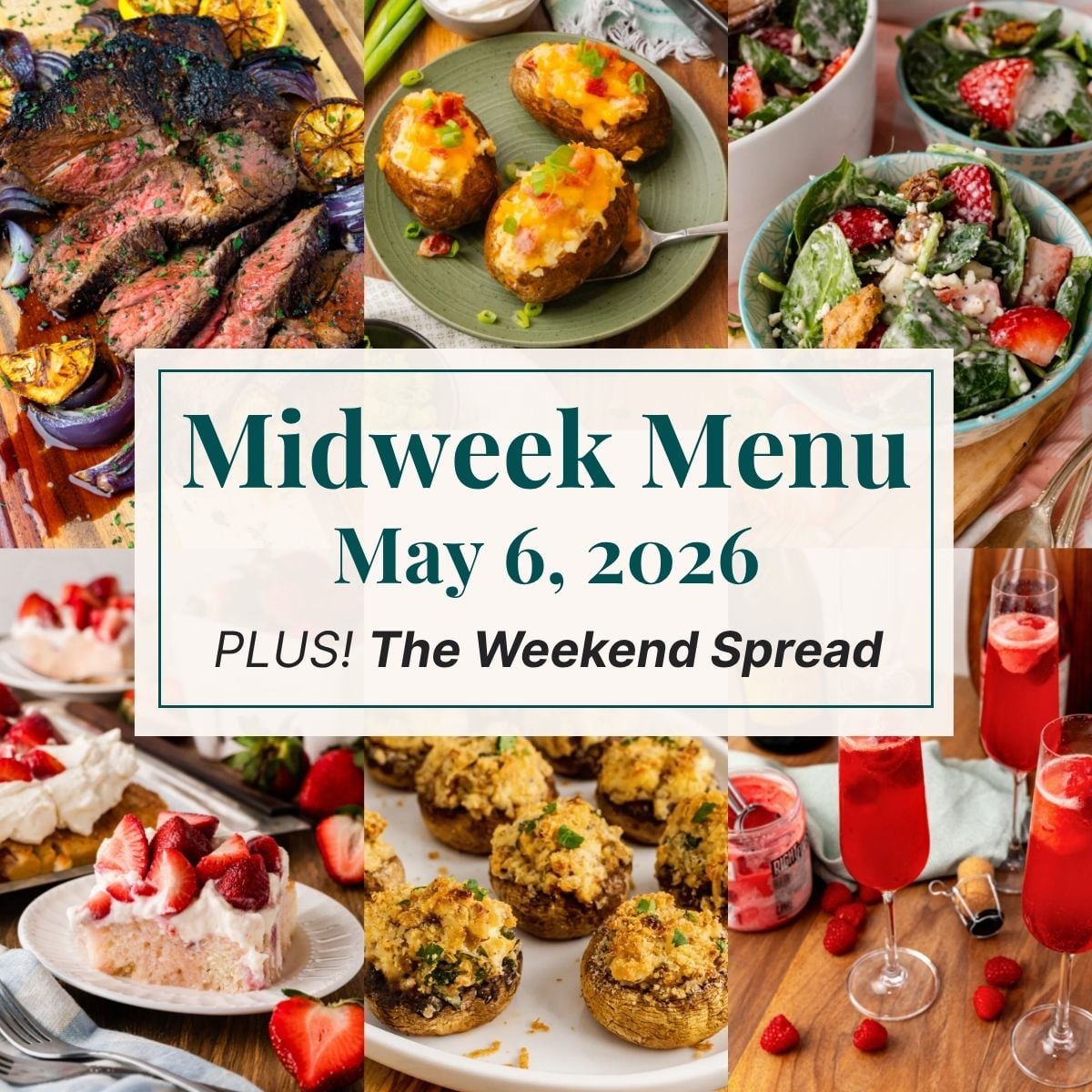 A grid of 6 midweek menu meal plan photos with a text overlay.