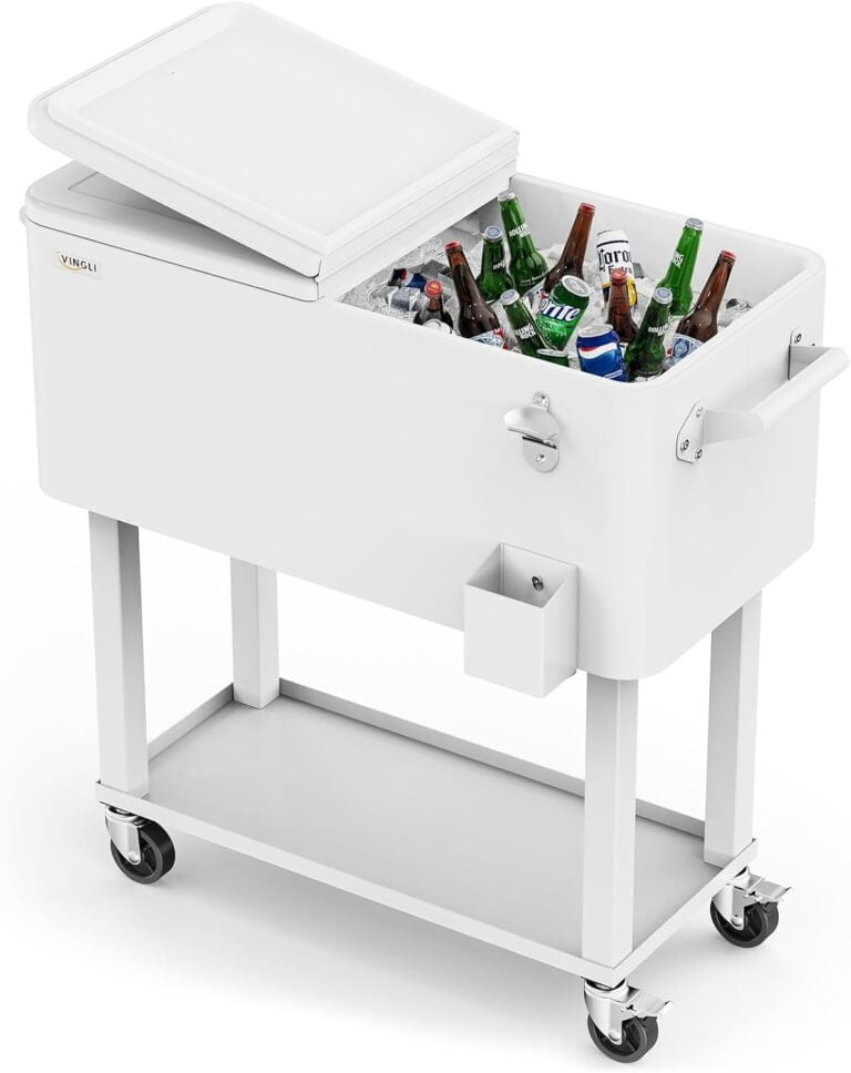 White rolling patio cooler cart filled with beer and soda bottles.