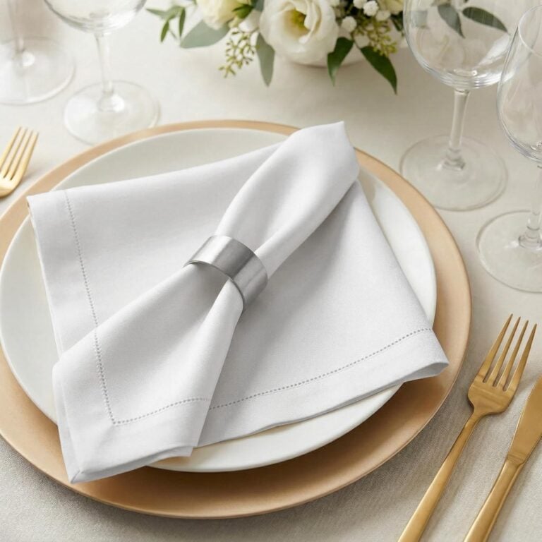 White linen napkin with silver napkin ring on an elegant table setting with gold flatware.