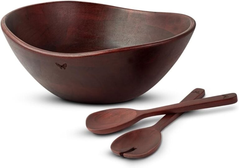 Wooden salad bowl with matching serving spoon and fork set.