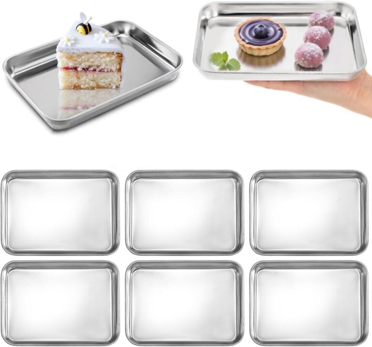 Set of small stainless steel serving trays shown with cake and dessert samples.