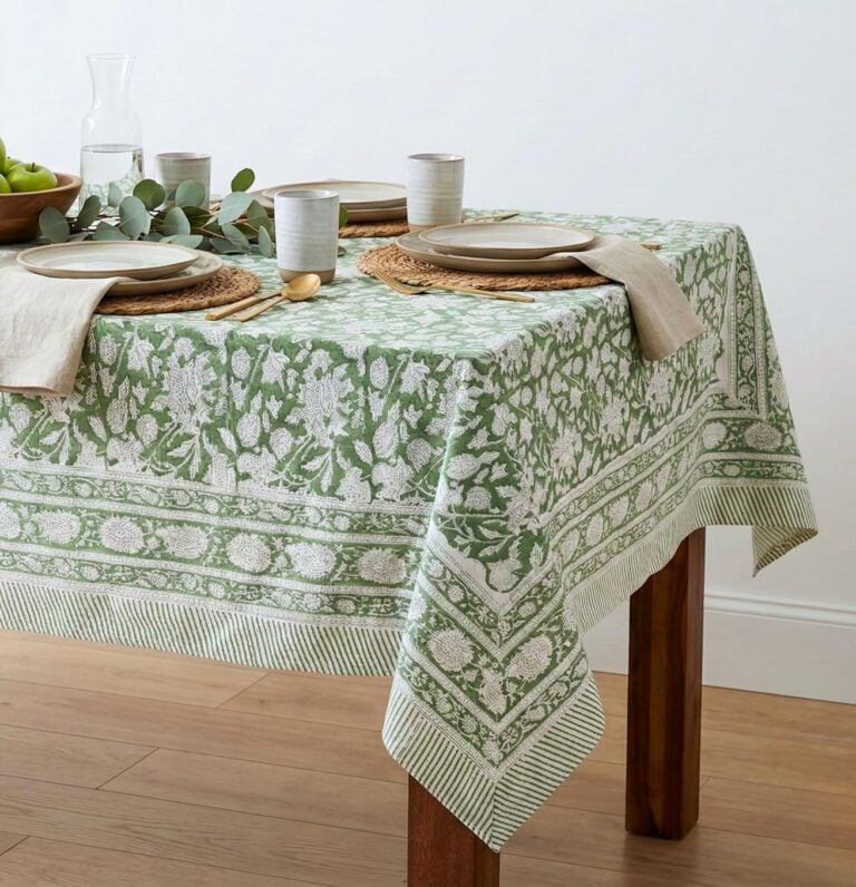 Green and white floral block print tablecloth styled on a table with stoneware place settings.