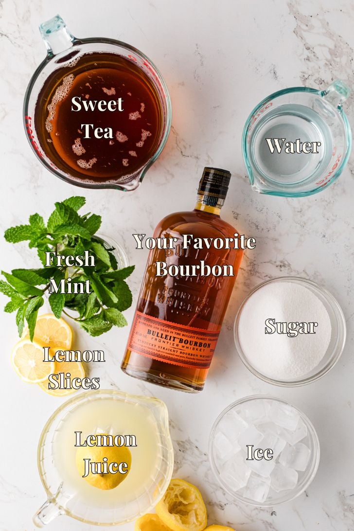 Bourbon Arnold Palmer ingredients including sweet tea, bourbon, and mint.