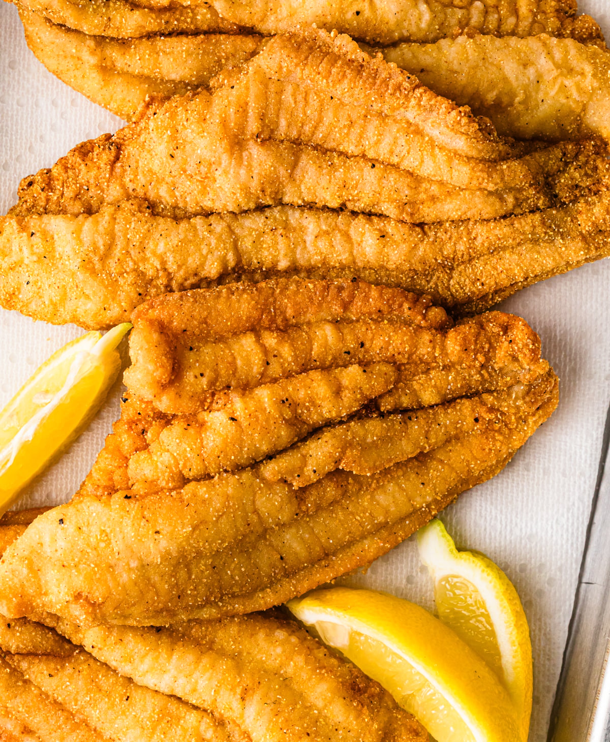 Fried catfish fillets on a plate with lemon wedges.