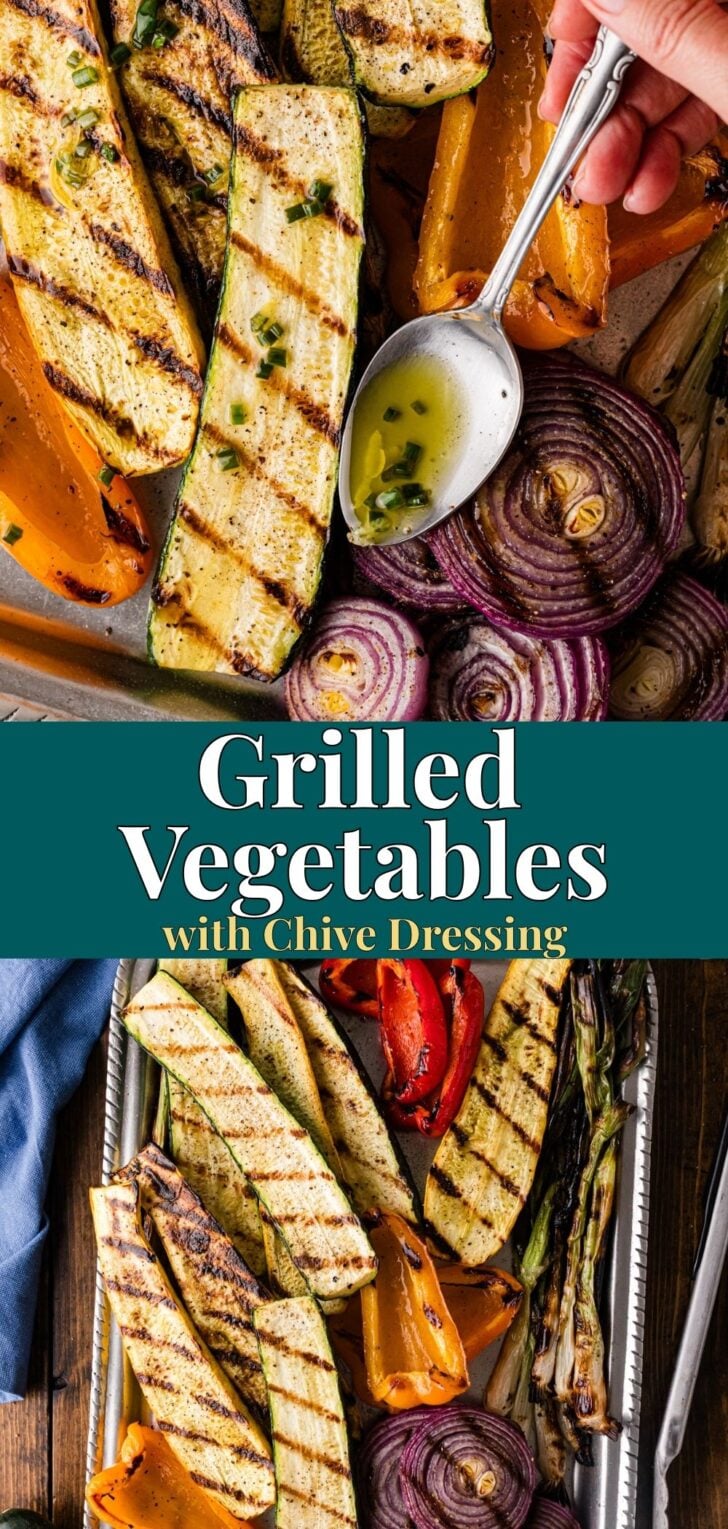 Grilled vegetables with chive dressing being spooned on top.