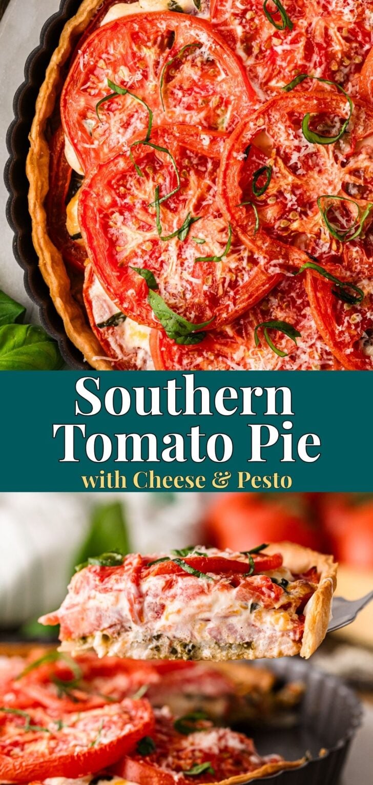 Southern tomato pie topped with cheese and pesto.