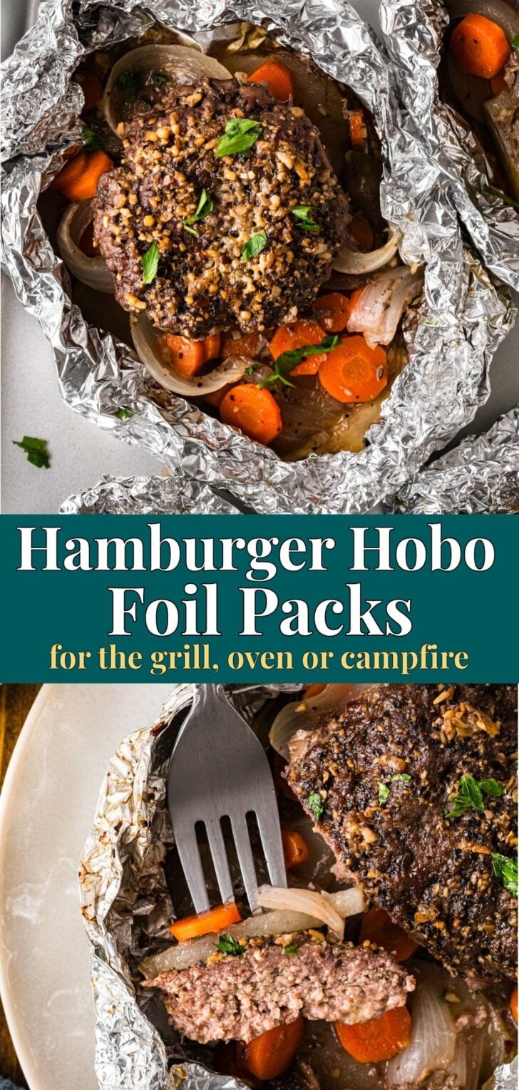 Hamburger hobo foil packs with carrots and onions, ready to grill.