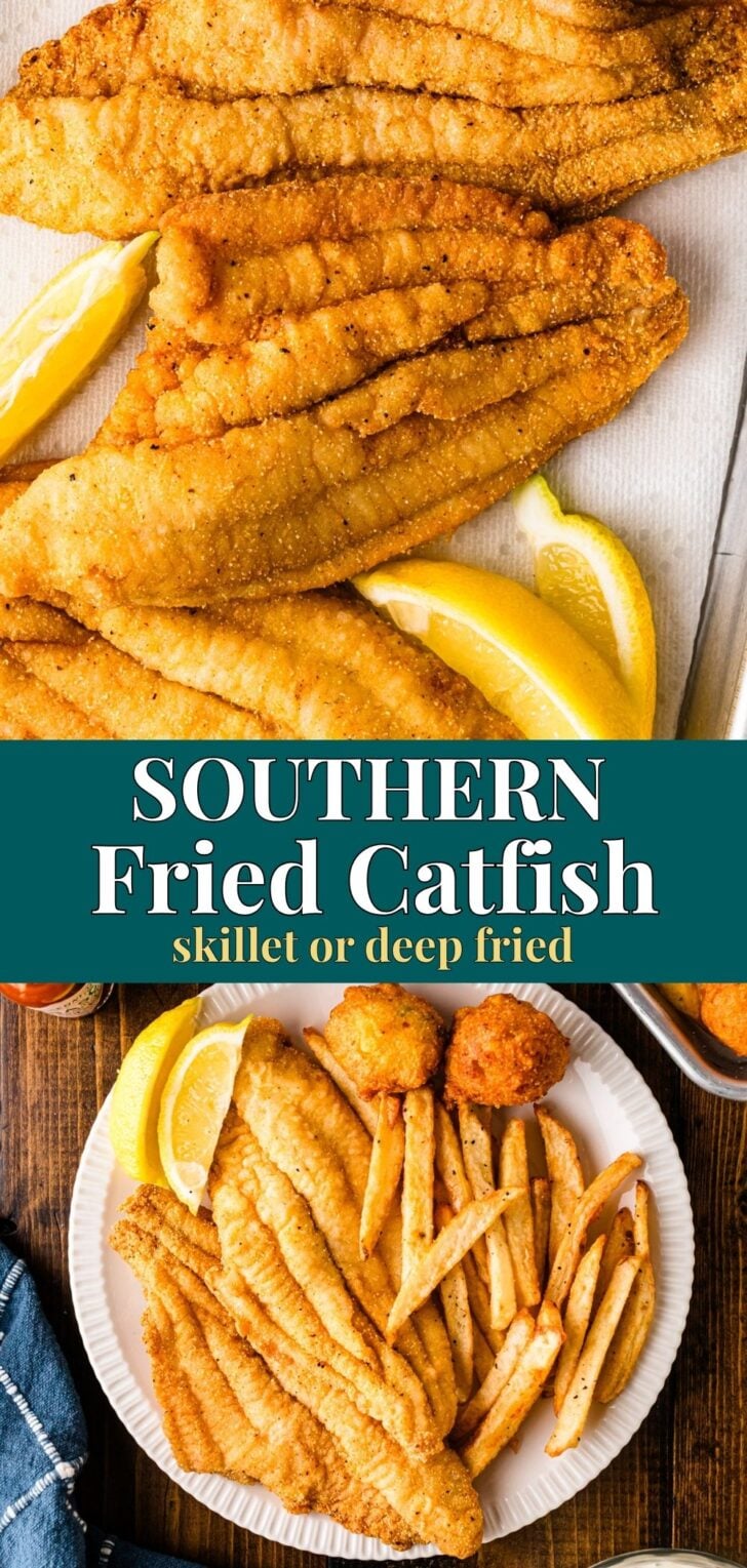 Southern fried catfish with lemon wedges and fries.