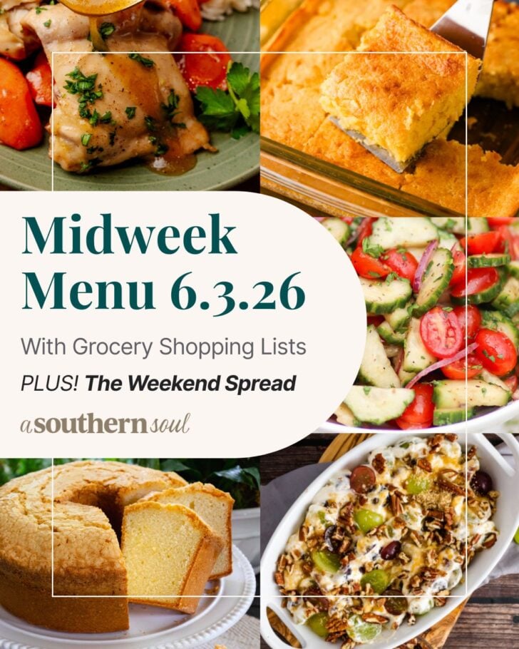 A grid of 5 midweek menu meal plan photos with a text overlay.