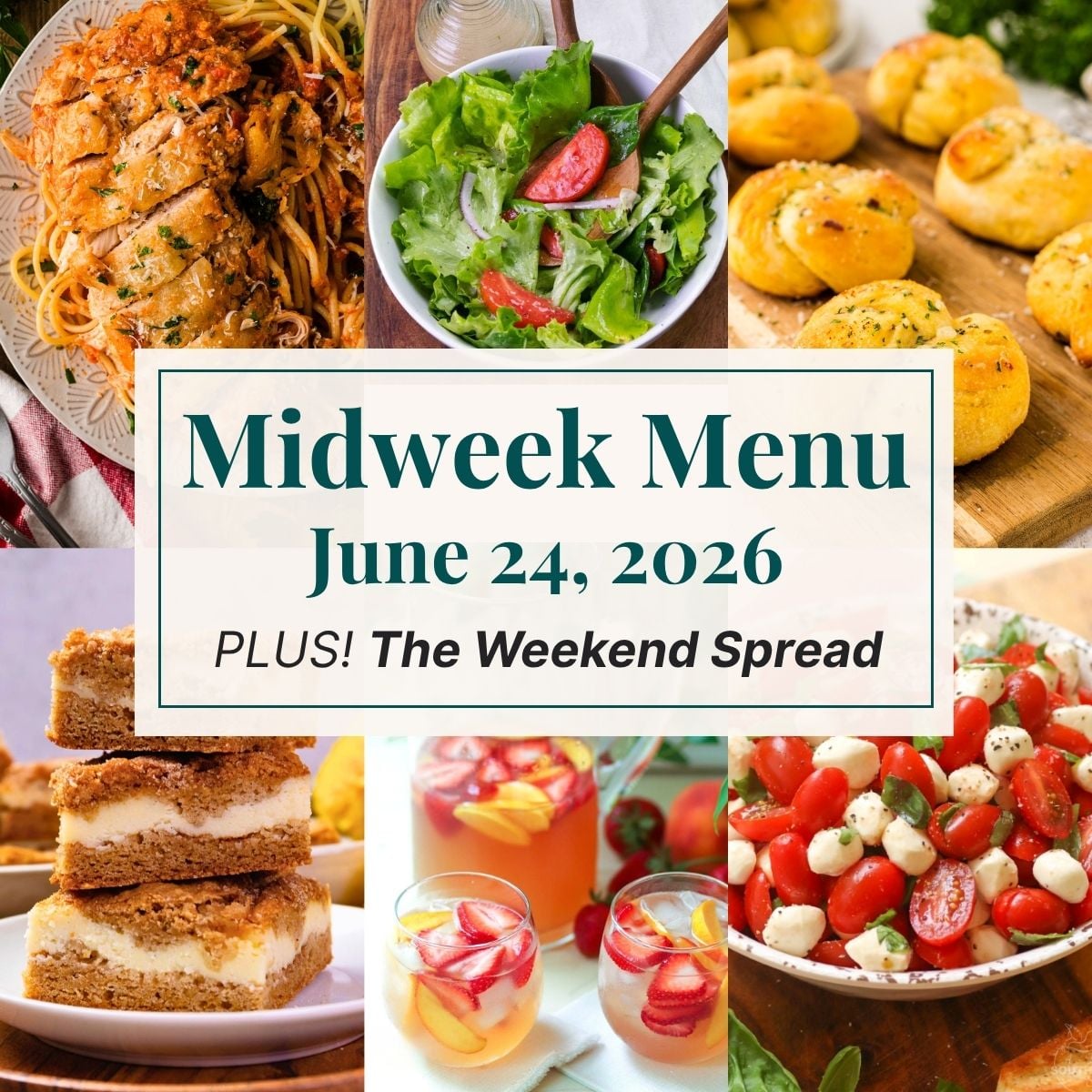 A grid of 6 midweek menu meal plan photos with a text overlay.