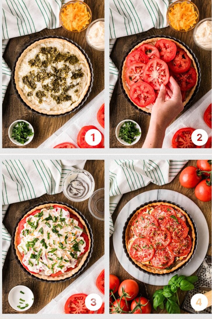 Four step-by-step photos of assembling a tomato pie with pesto and cheese.