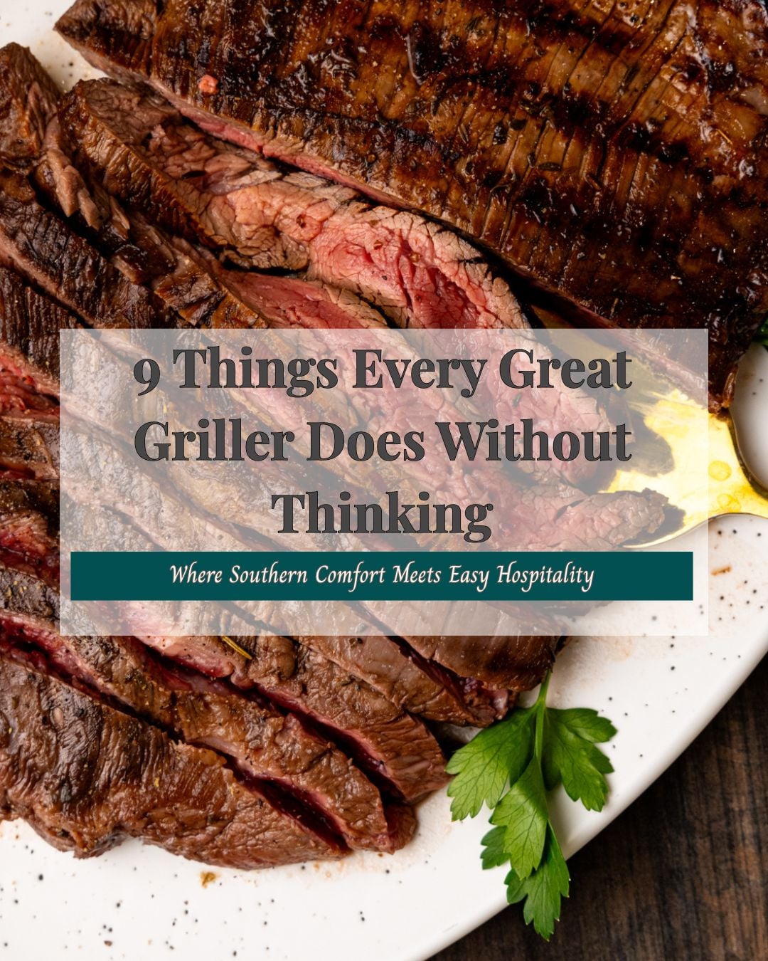 Sliced grilled steak on a white plate with parsley garnish.