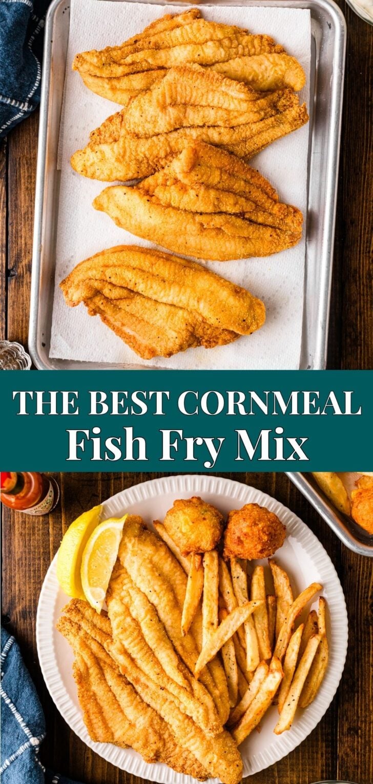 Pinterest pin for homemade cornmeal fish fry mix with crispy fried catfish