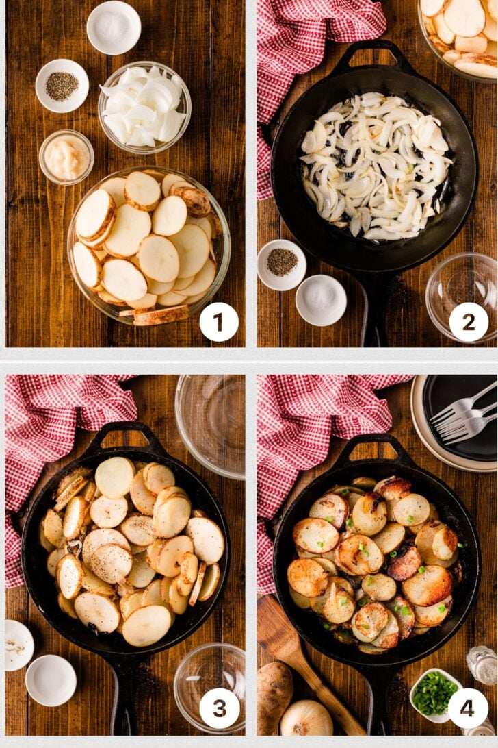 Step-by-step photos showing sliced potatoes and onions seasoned and cooked in a cast iron skillet