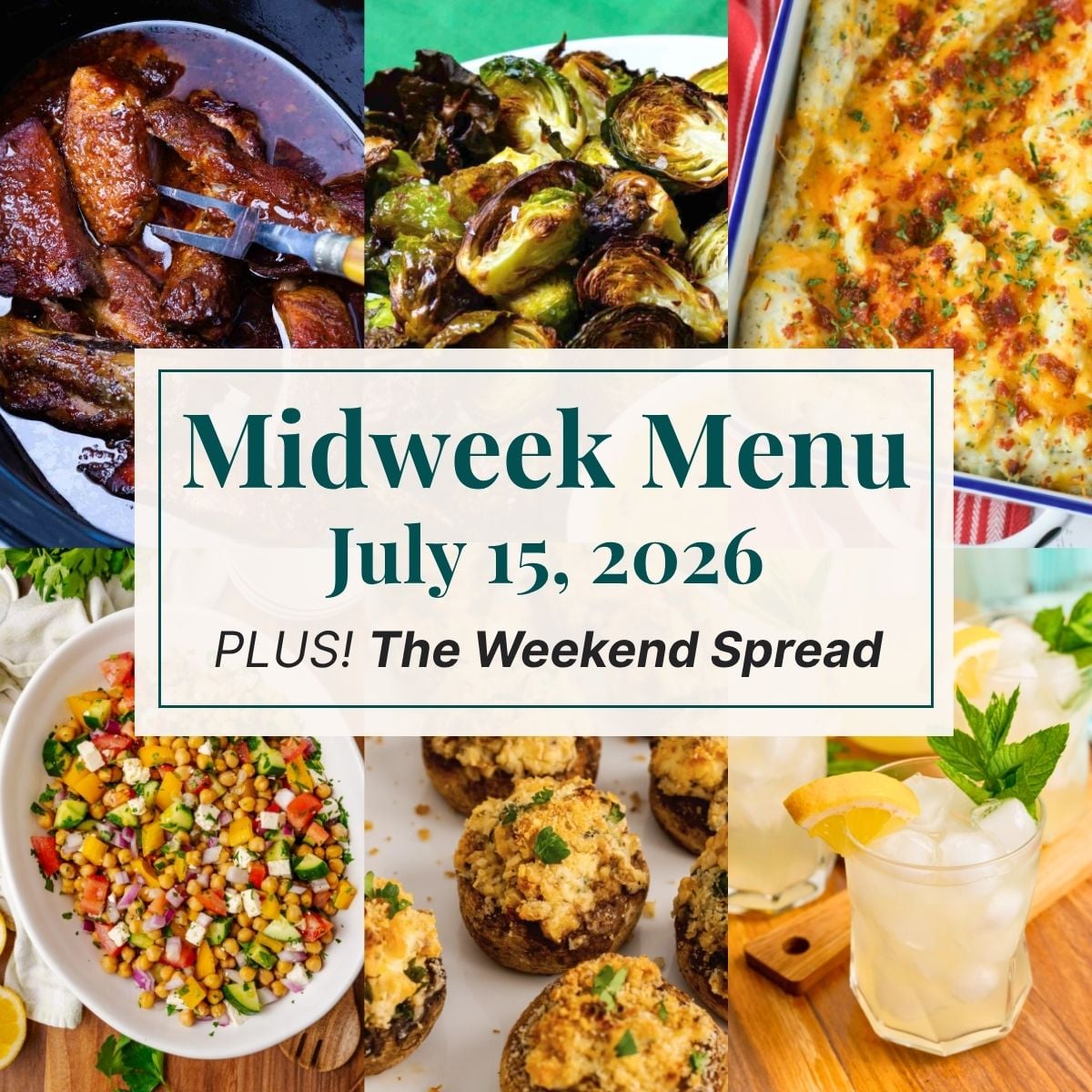 A grid of 6 midweek menu meal plan photos with a text overlay.