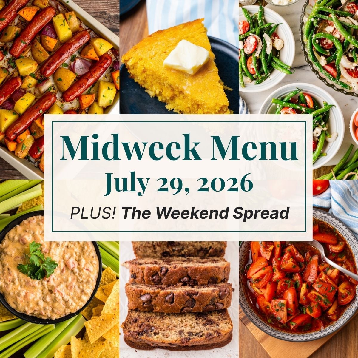 A grid of 6 midweek menu meal plan photos with a text overlay.