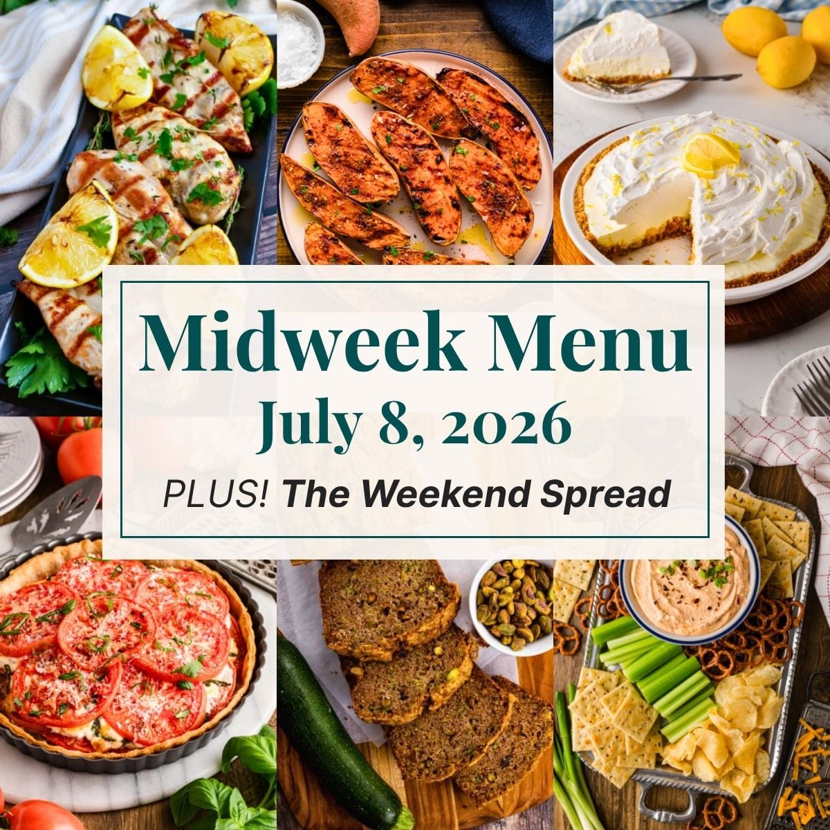 A grid of 6 midweek menu meal plan photos with a text overlay.