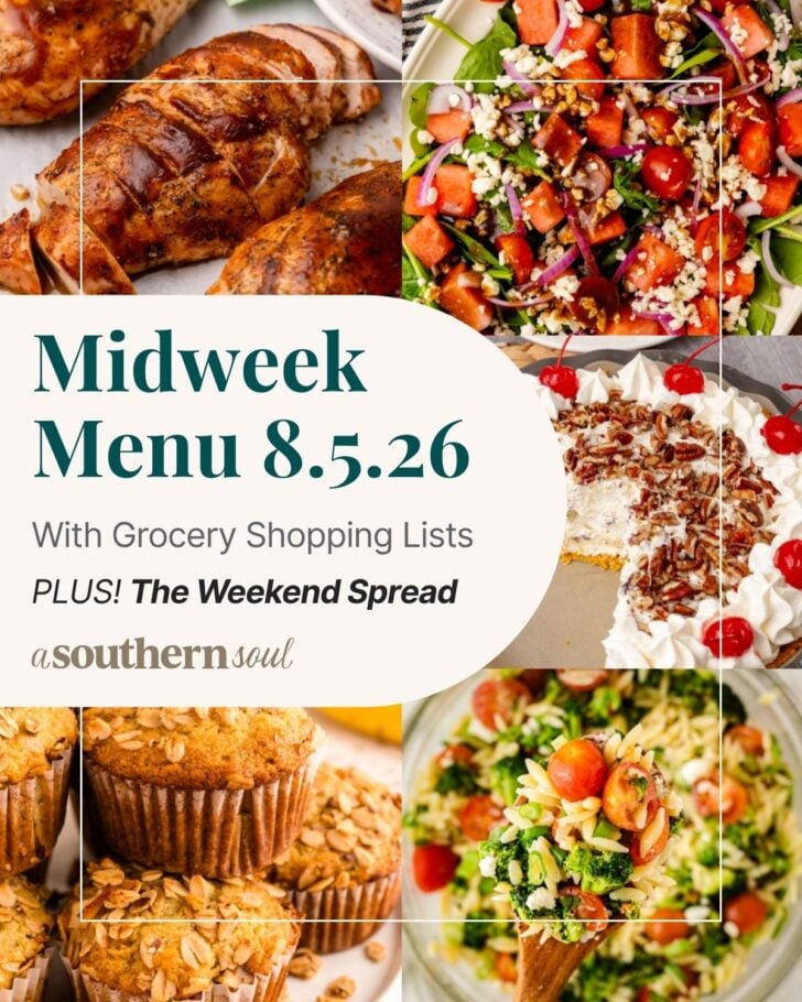 A photo grid of 5 photos for a midweek menu meal plan with a text overlay.