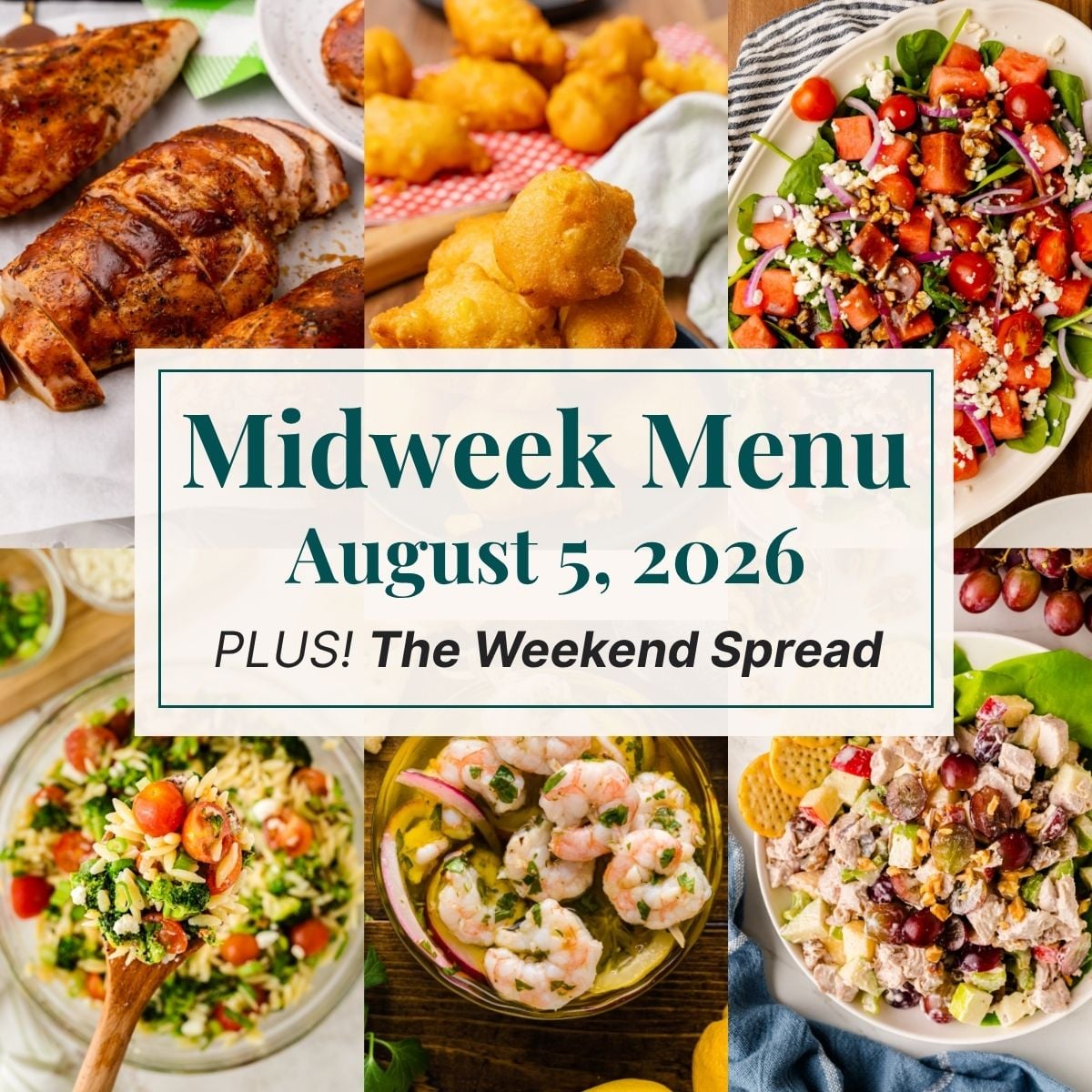 A grid of 6 midweek menu meal plan photos with a text overlay.